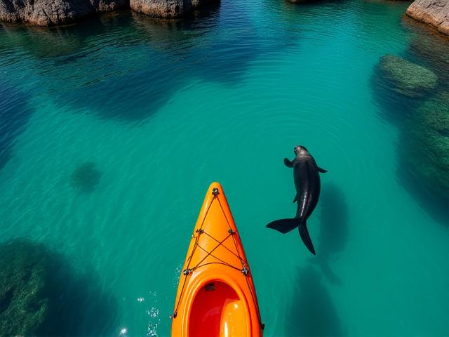 Kayaker near sea lions in turquoise water
