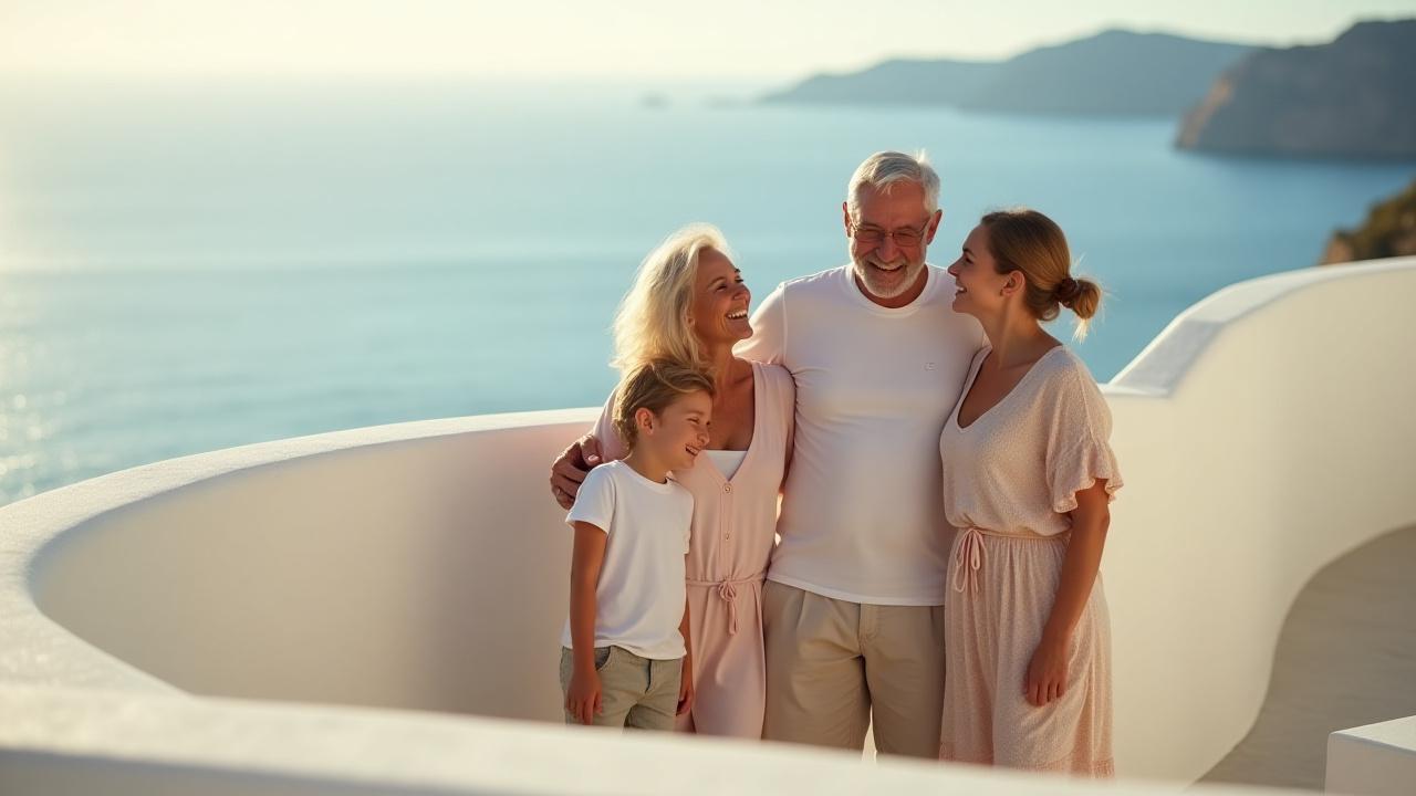 Three generations of a happy family laughing together on a sun-drenched coastal balcony