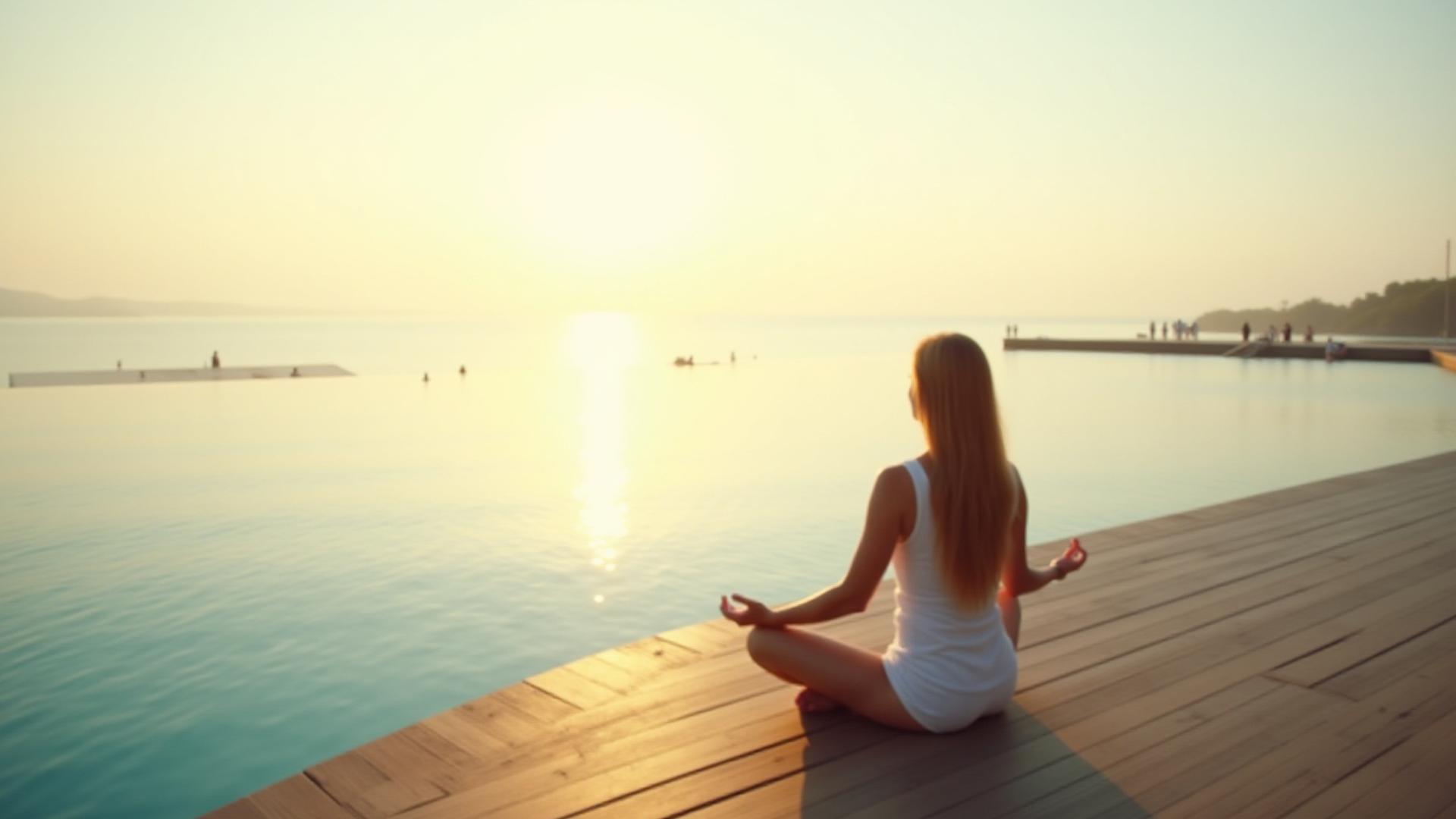 Zen meditation setting overlooking a calm ocean at sun-rise